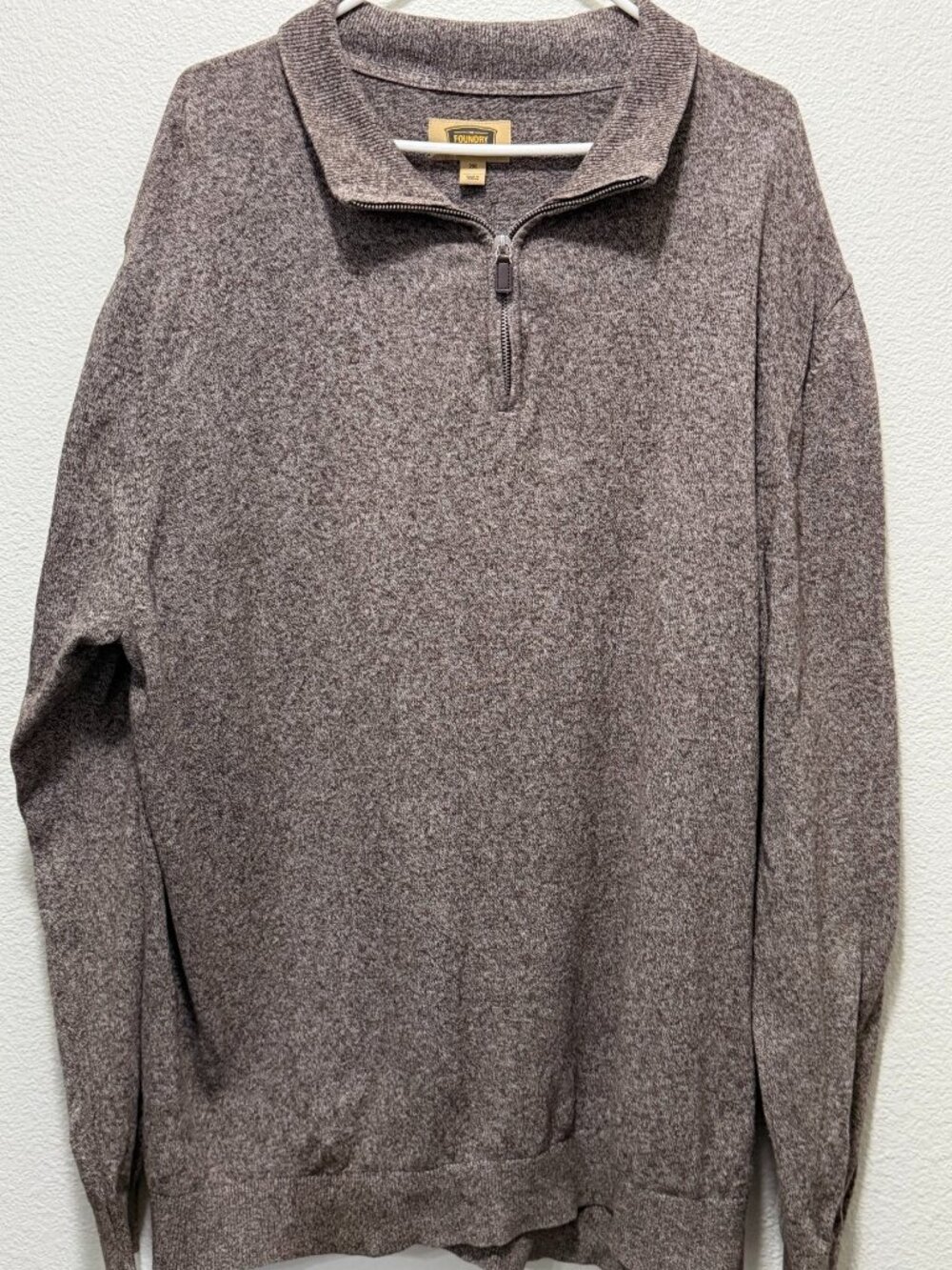The Foundry men's sweater, 1/4 zip, heathered brown, long sleeve, size 2XL